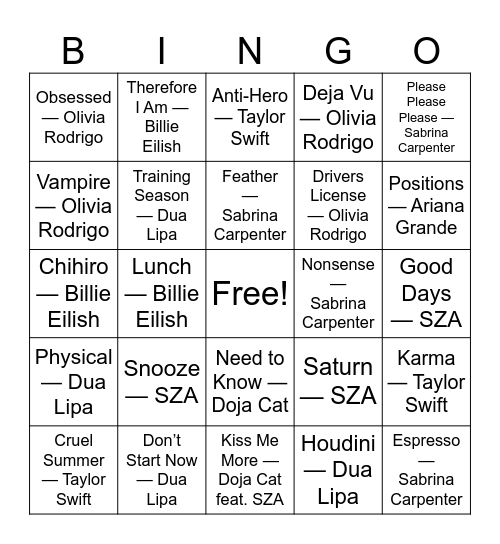 20's Female Pop Bingo Card