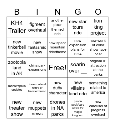 D23 Predictions Bingo Card