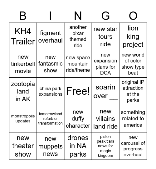 D23 Predictions Bingo Card