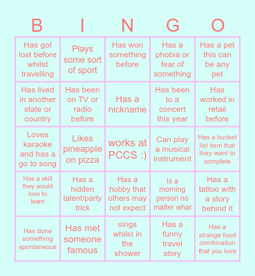 Getting to know you bingo Card