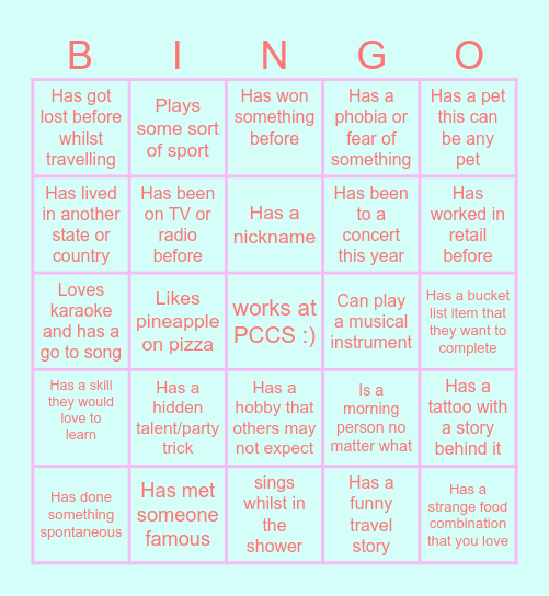 Getting to know you bingo Card