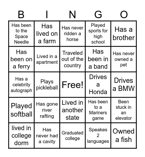 Team Building Bingo Card