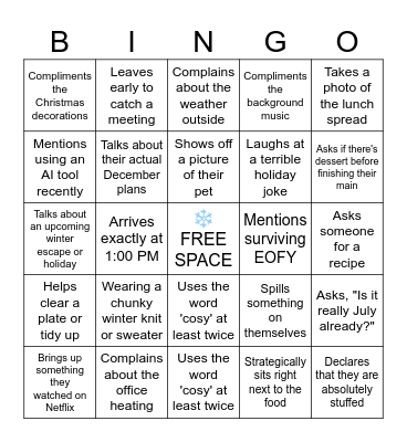 Christmas in July Bingo Card