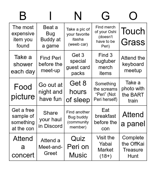 Bug Buddies OffKai Bingo Card