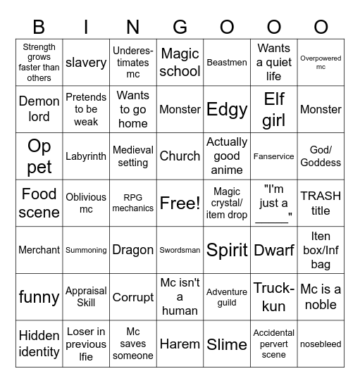 Isekai Bingo Card