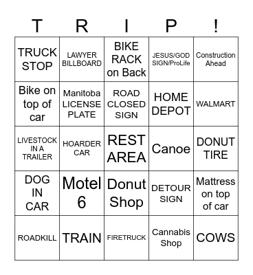ROAD TRIP Bingo Card