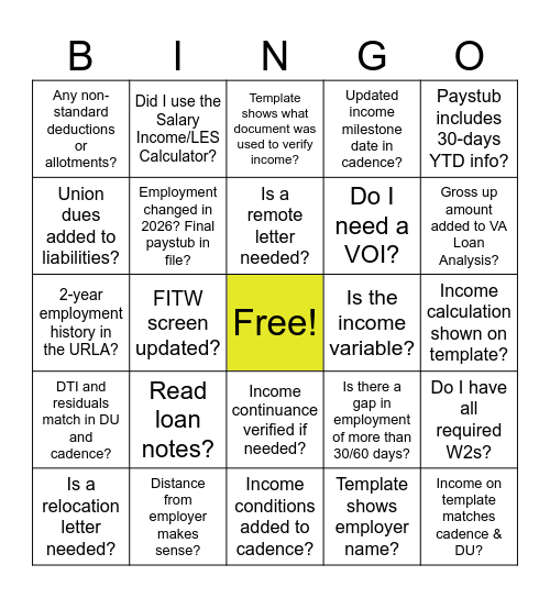 VA Income Bingo Card