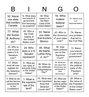 Citizenship 100Q Questions Set 1 Bingo Card