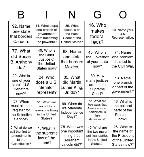 Citizenship 100Q Questions Set 1 Bingo Card