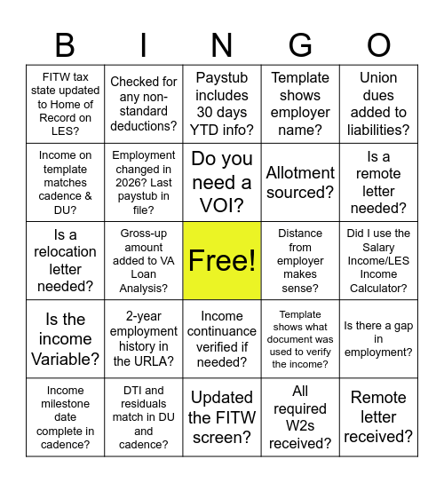 VA Income Bingo Card