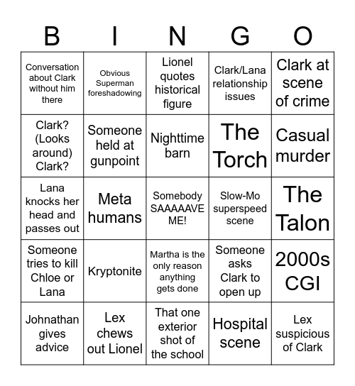 Smallville Bingo Card