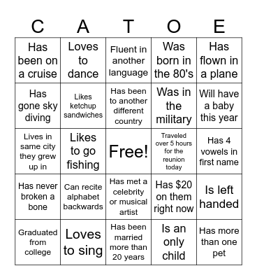 Catoe Family Reunion Bingo Card