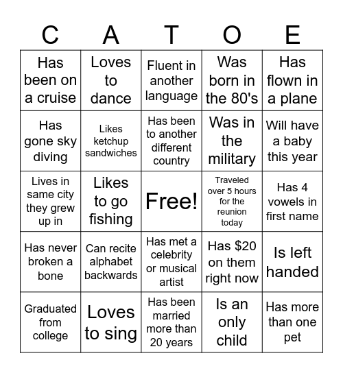 Catoe Family Reunion Bingo Card