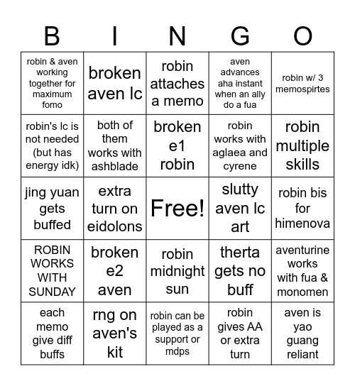 robin & aventurine Bingo Card