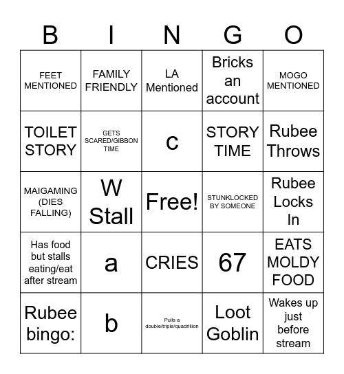 Unc's Stream Bingo Card