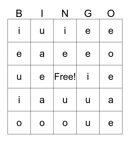 Short Vowel BINGO Card