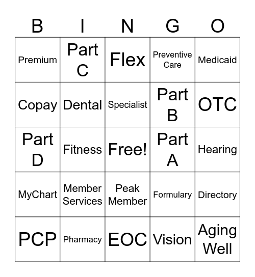 Peak Medicare Bingo Card