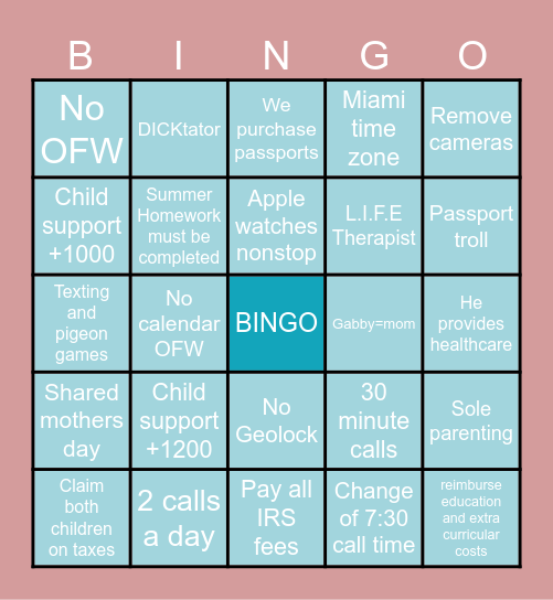 Cry Baby Cry Bingo Card