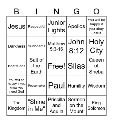 Shining Bright with Jesus! Bingo Card
