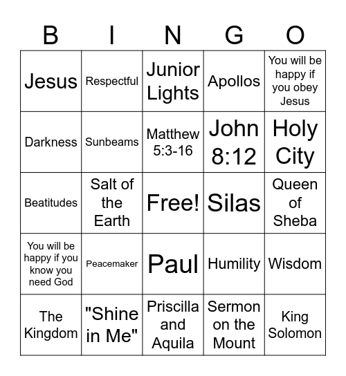 Shining Bright with Jesus! Bingo Card