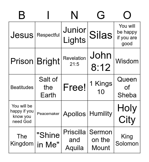 Shining Bright with Jesus! Bingo Card