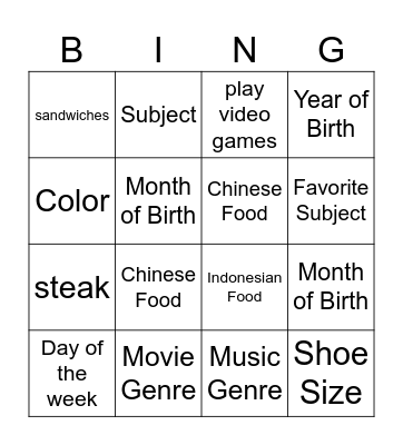 Self-Introduction Bingo Card
