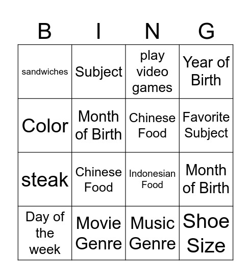Self-Introduction Bingo Card
