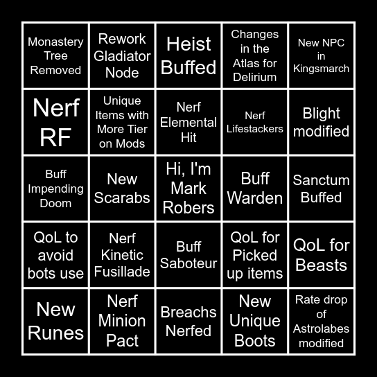 Poe 3.29 Fede Bingo Card