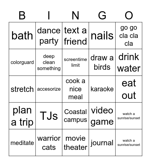 self care Bingo Card