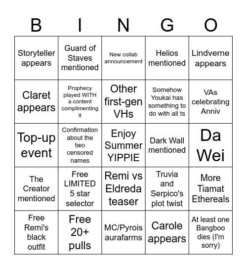 3.1 Livestream Predictions Bingo Card
