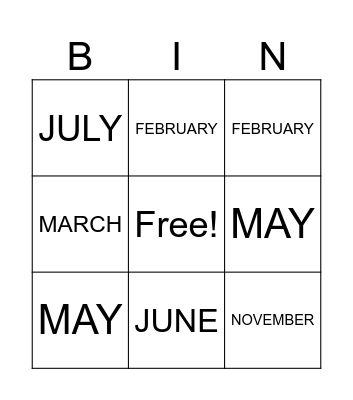 Calendar BINGO Card