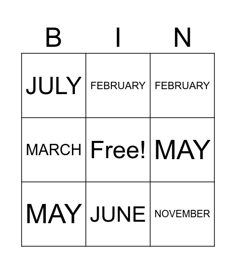 Calendar BINGO Card