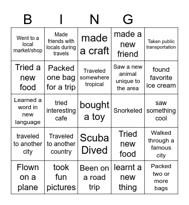 Travel Bingo Card