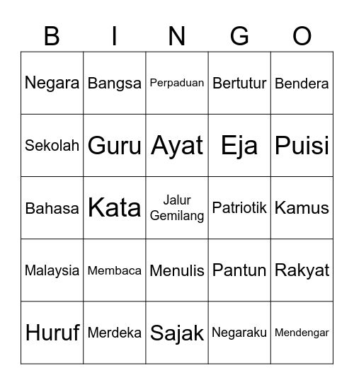 Bingo Bahasa dan Kemerdekaan Bingo Card