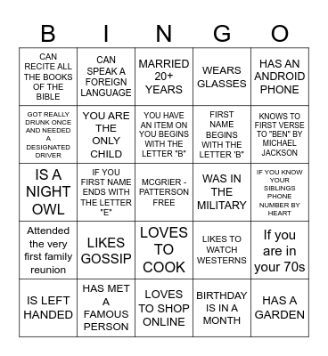 MCGRIER FAMILY REUNION Bingo Card