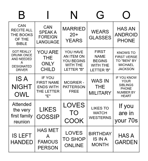 MCGRIER FAMILY REUNION Bingo Card