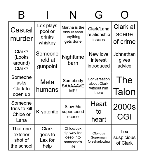 Smallville Bingo Card
