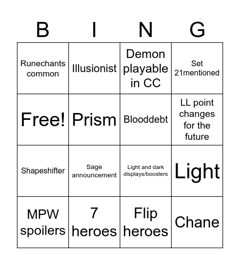 Usurp Bingo Card