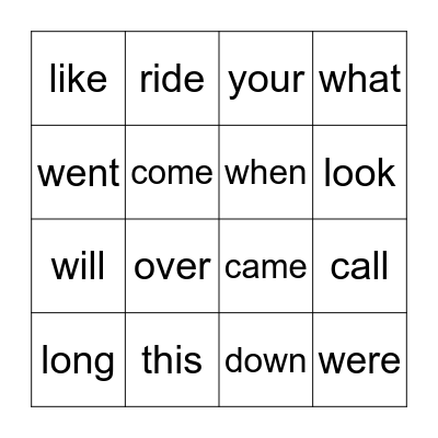 Sight Words Bingo Card