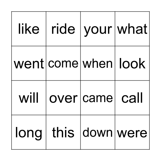 Sight Words Bingo Card