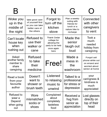 Caregiver Appreciation Party Bingo Card