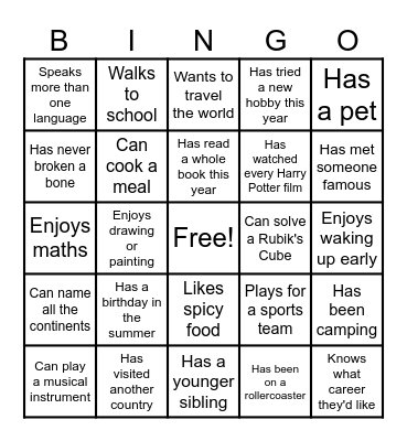 Classroom Bingo Card