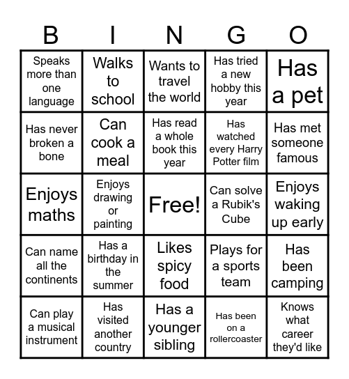 Classroom Bingo Card