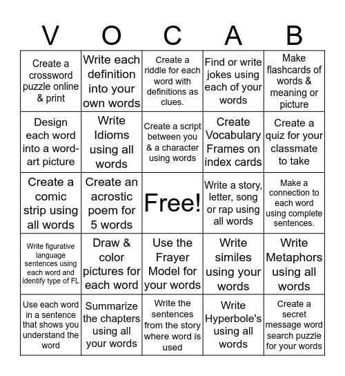 Vocabulary Bingo Choice Menu Bingo Card