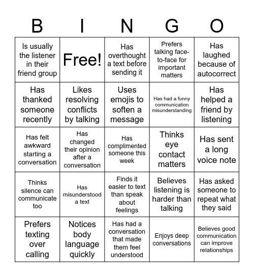 COMMUNICATION BINGO Card