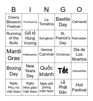 Festivals Bingo Card