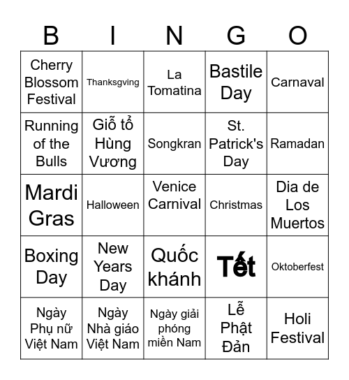 Festivals Bingo Card