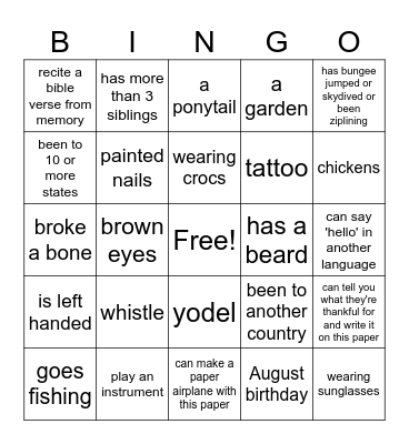 FIND SOMEONE THAT HAS/CAN: Bingo Card