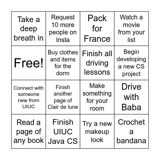 16/7/26 - 19/7/26 Bingo Card