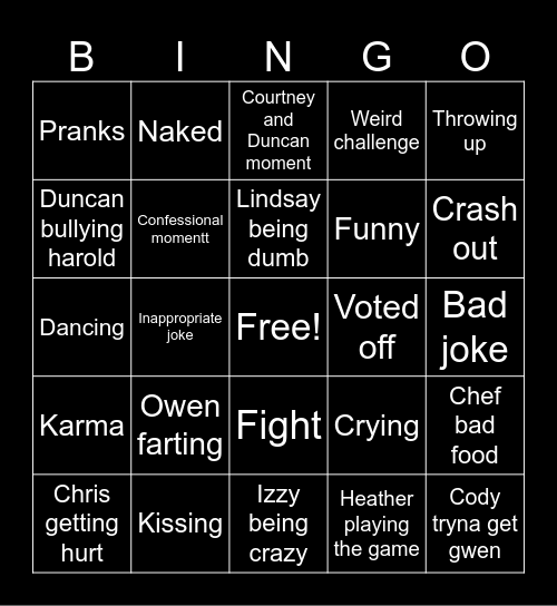 Total drama island Bingo Card